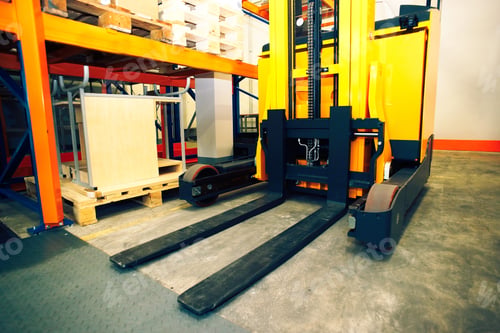 Preview: Shelves, Racks And Forklift With Pallets In Distribution Warehouse Interior