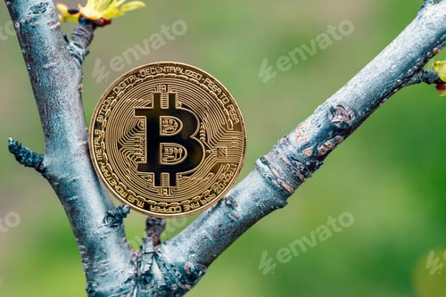 Preview: Golden Bitcoins On Tree Branch. Concept Money Growing On Tree.