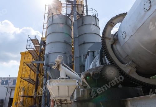Preview: Industrial Production Of Construction Mixtures. Tower Silos With Bulk Ingredients. Line For Drying