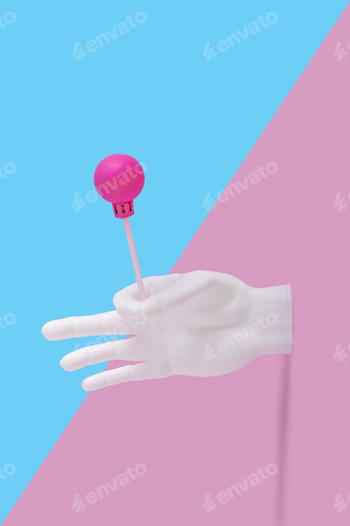 Preview: Conceptual Layout With Human Hand Holding Lollipop Made Of Christmas Tree Ball. Creative Christmas