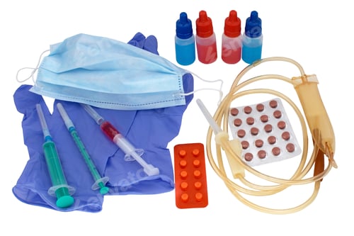 Preview: Medical Pills, Medical Syringe, Transparent Plastic Bottles Filled Colored Liquid For Injection And