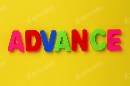 Preview: Text Made In Multicolored Magnetic Letters. Advance. Yellow Background