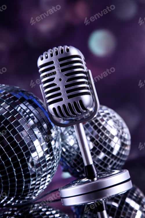 Preview: Professional Silver Microphone On A Black Glossy Background