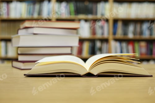 Preview: Stacked Books On A Desk In The Library