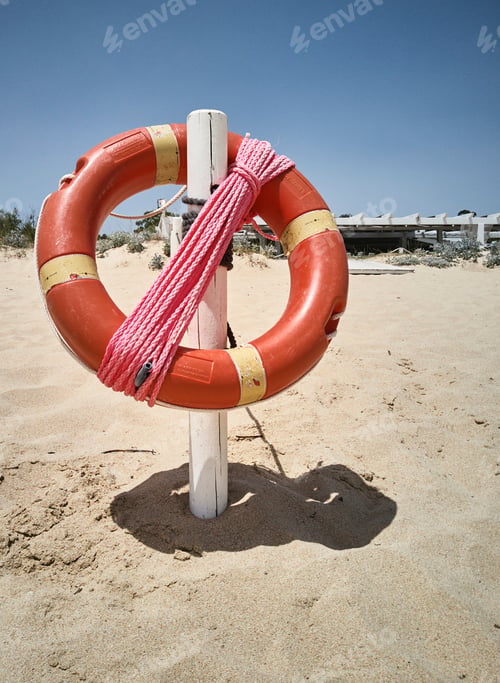 Preview: Lifebuoy Hanging On The Beach Ready To Use In Case Of Need: Safety Device.
