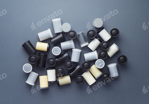 Preview: Photo Film Rolls Disorganized Over Dark Blue Background, Above View