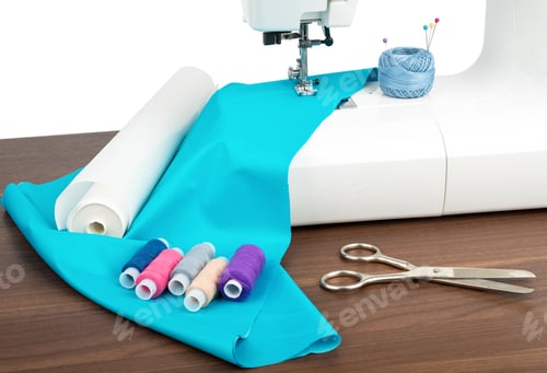 Preview: Sewing Machine With Many Sewing Utensils On Wooden Table, Closeup