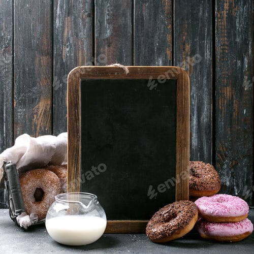 Preview: Sweet Donuts Served With Cup Of Espresso Coffee Over Black Wooden Background. Square Image