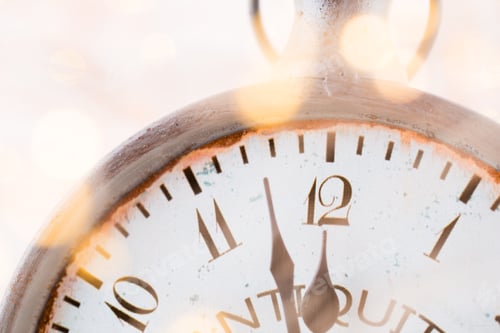 Preview: Abstract Background With Fireworks And Clock Close To Midnight. Christmas And Happy New Years Eve