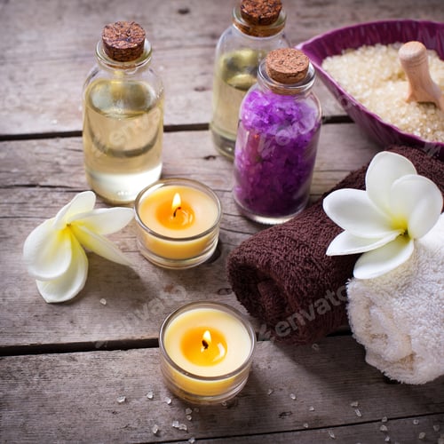 Preview: Wellness Or Spa Setting. Bottles With Aroma Oil, Sea Salt, Towels And White Plumeria On Vintage