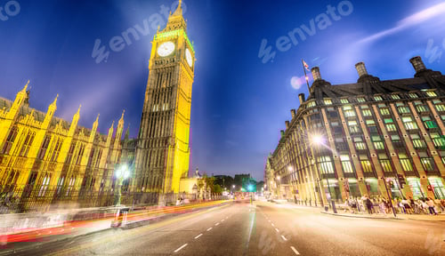 Preview: Westminster Palace And Big Ben At Night From Westminster Bridge With Car Light Trails - London.