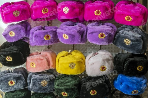 Preview: Military Caps Of Different Colors With The Coats Of Arms Of Russia And The Ussr As Souvenirs From