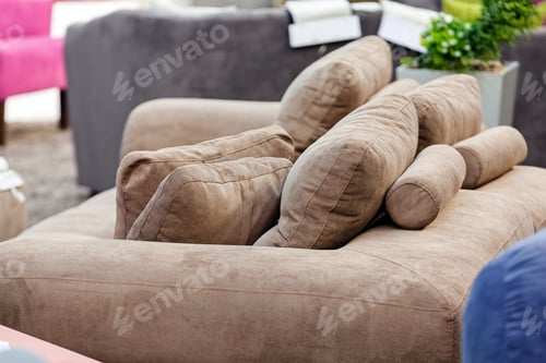 Preview: Closeup Brown Cozy Pillows On The Couch; Note Shallow Depth Of Field