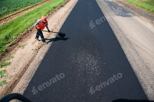 Preview: Workers On A Road Construction, Industry And Teamwork, New Asphalt