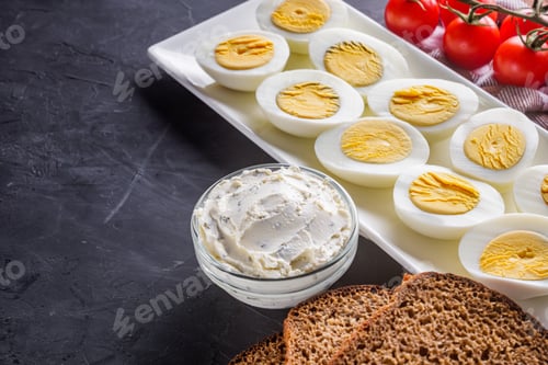 Preview: Boiled Chicken Eggs On A Dark Stone Background
