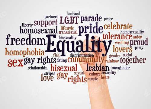 Preview: Equality Word Cloud And Hand With Marker Concept On White Background.