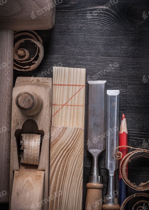Preview: Top View Of Chisels Planer Wooden Chips Plank Mallet Pencil.