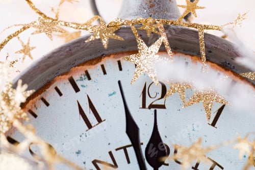 Preview: Abstract Background With Fireworks And Clock Close To Midnight. Christmas And Happy New Years Eve