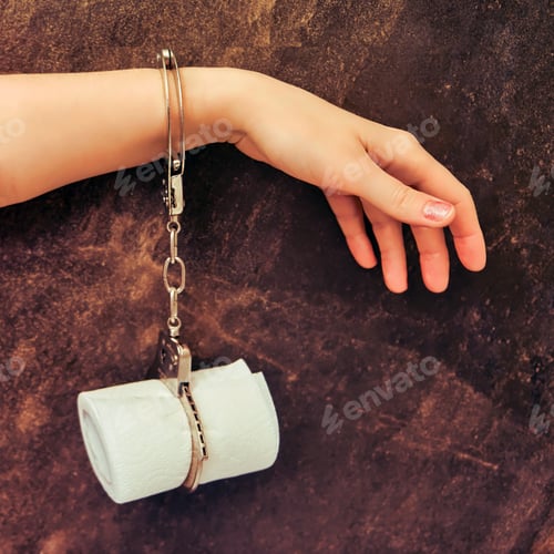Preview: A Woman'S Hand Is Handcuffed To Toilet Paper, A Background Of Dark Brown Stone. Concept Of Stomach
