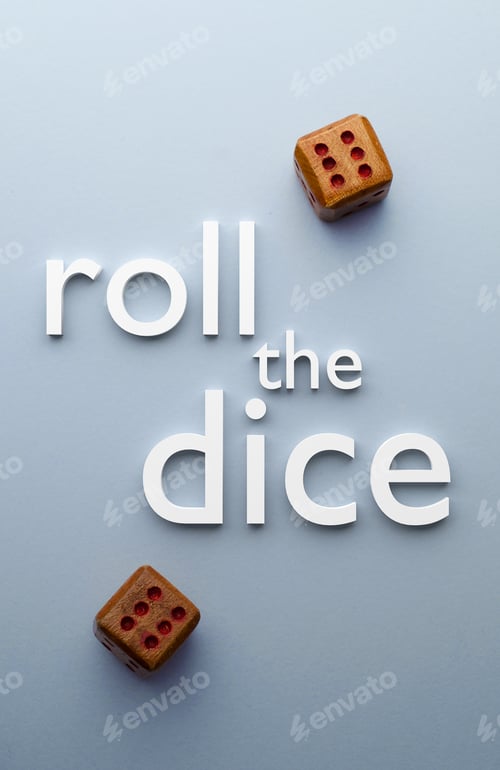 Preview: Wooden Dices And Roll The Dice Text Over Blue Background, Above View