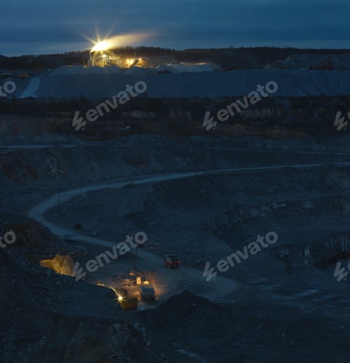 Preview: Mining Machinery Working In A Quarry On A Night Shift, Panorama.