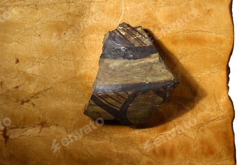Preview: Archaeological Find: A Fragment Of Ancient Pottery On A Background Of Old Paper
