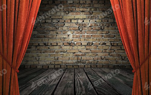 Preview: Old Interior With Red Curtains, Brick Wall
