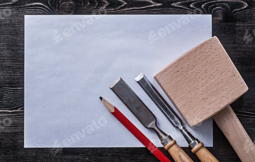 Preview: Firmer Chisels Wooden Mallet Pencil Clean Paper Construction Concept.