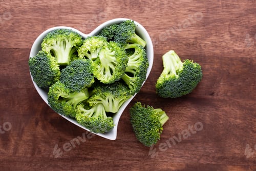Preview: Fresh Broccoli In A Heart Shaped Bowl On A Wooden Background.