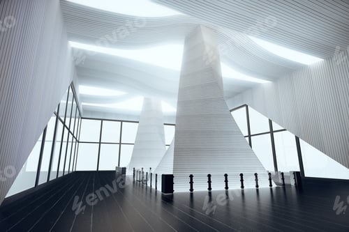 Preview: Futuristic Interior Design In Empty Hall With Black Wooden Floor And Big Windows, 3D Render