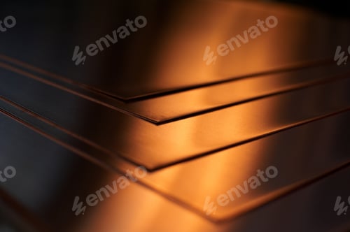 Preview: Many Copper Sheets, Warehouse Copper Plates. Close Up