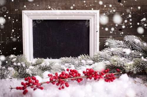 Preview: Empty Blackboard, Decorative Berries And Branches Fur Tree On Aged Wooden Background. Decorative