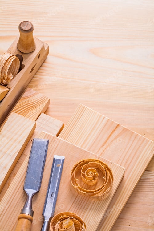 Preview: Carpentry Composition Old Fashioned Woodworkers Plane Chisels And Wooden Boards Construction Concept