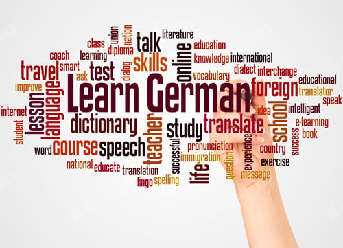 Preview: Learn German Word Cloud And Hand With Marker Concept On White Background.