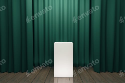 Preview: White Tribune In The Center Of Empty Stage With Green Scenes 3D Render