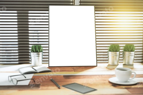 Preview: Desk with Frame Mockup, Coffee, and Accessories