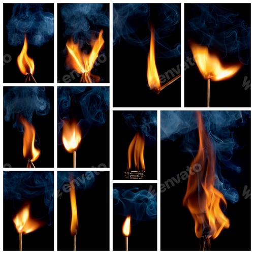Preview: Collage Burning Matchstick On Black Background
