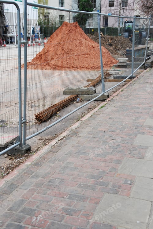 Preview: Under Construction Site With Metallic Fence By The Sidewalk At A Urban Area