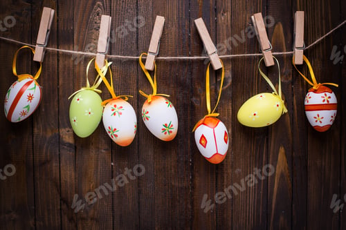 Preview: Colorful Easter Eggs On Clothes Rope. Easter Background.