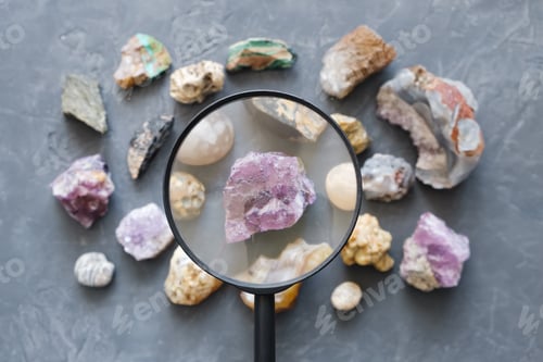Preview: Set From Mineral Stones, Top View. Fluorite And Magnifying Glass In The Foreground And In Focus.