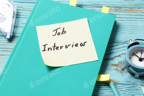 Preview: Job Interview Concept. Composition Of Notebooks, Pens, Pencil, Stickers On A Colored Background