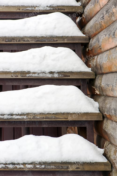 Preview: Powdery Snow Covered Old Wooden Stairs. Abstract Winter Background Composition.