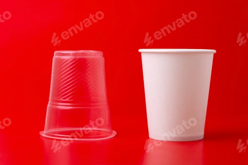 Preview: Inverted Plastic Cup As A Symbol Of Plastic Rejection And Eco-Friendly Paper Cup On A Red Background