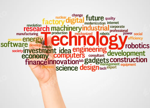 Preview: Technology Word Cloud And Hand With Marker Concept On White Background.