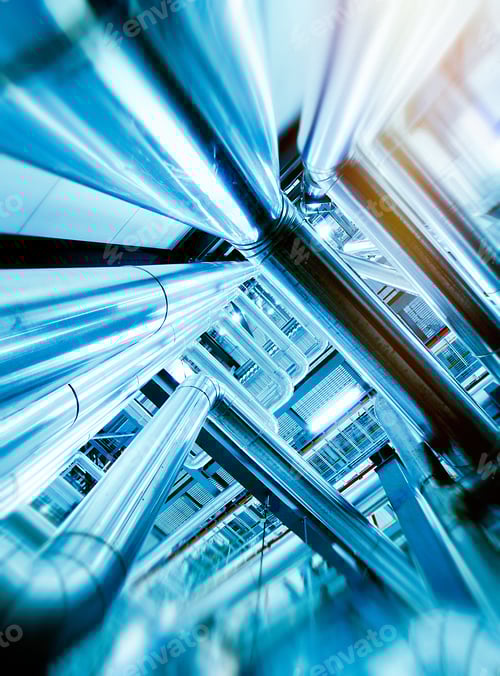 Preview: Industrial Factory. Various Mechanisms And Metal Pipes. Toned Image. Motion Blur Effect.