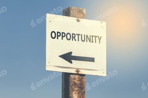 Preview: Opportunity Word And Arrow Signpost On Clear Sky Background. Motivational Sign. Vintage Style.