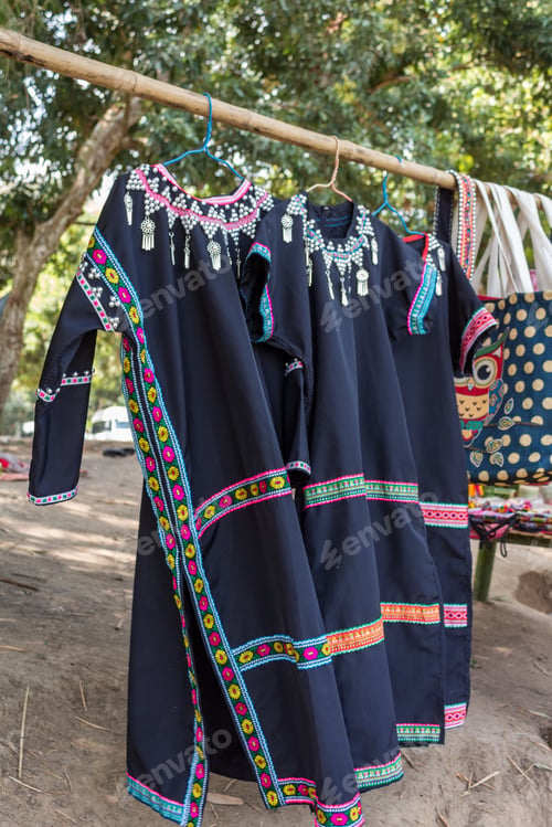 Preview: Traditional Thai Woman Clothes Hanged Outside Near Long Neck Karen Ethnic Hill Tribe Village