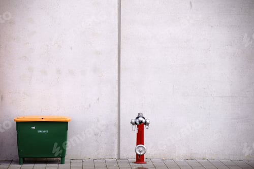 Preview: A Grit Container And A Fire Hydrant In Front Of The Striking Concrete Facade Of A Stadium / Grit