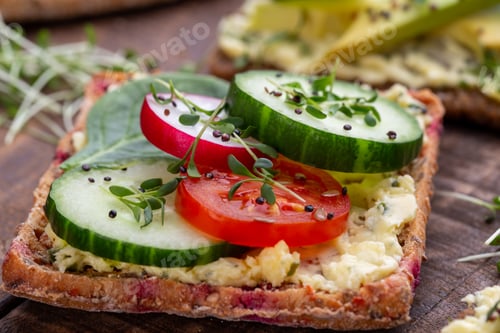 Preview: Variety Of Mini Sandwiches With Cream Cheese, Vegetables And Salami. Sandwiches With Cucumber