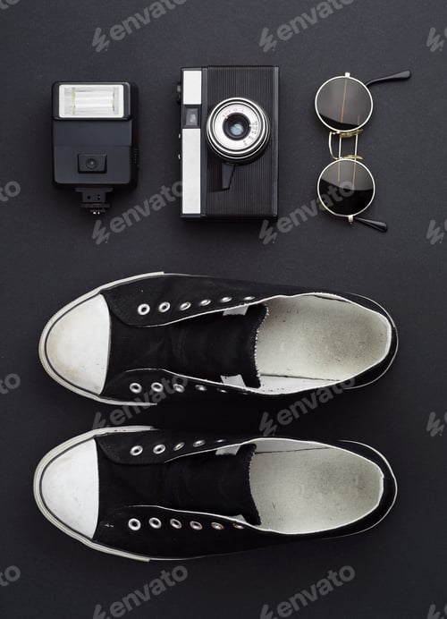 Preview: Concept: Ready For A Trip. Sneakers, Photo Camera, Flash, And Round Sunglasses Well Organized Over